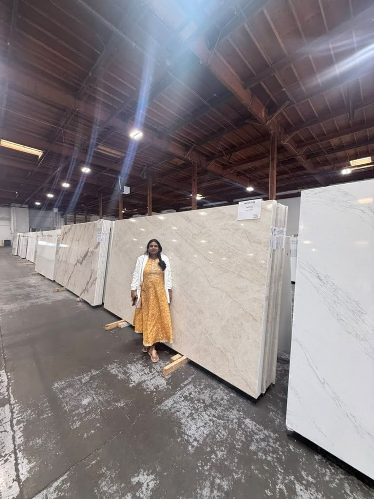 Client hand-selecting a New Taj quartzite slab at the slab yard